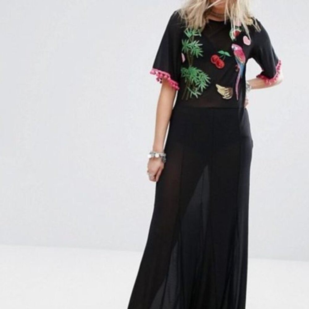 Boohoo Women's Black Parrot Embroidered Mesh Maxi Dress